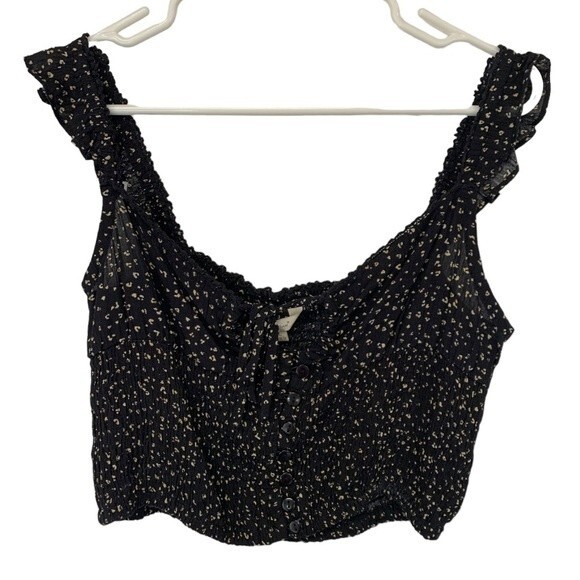 NWT Sim & Sam | Smocked Black Tan Front Tie Button Closure Tank L - Picture 1 of 8